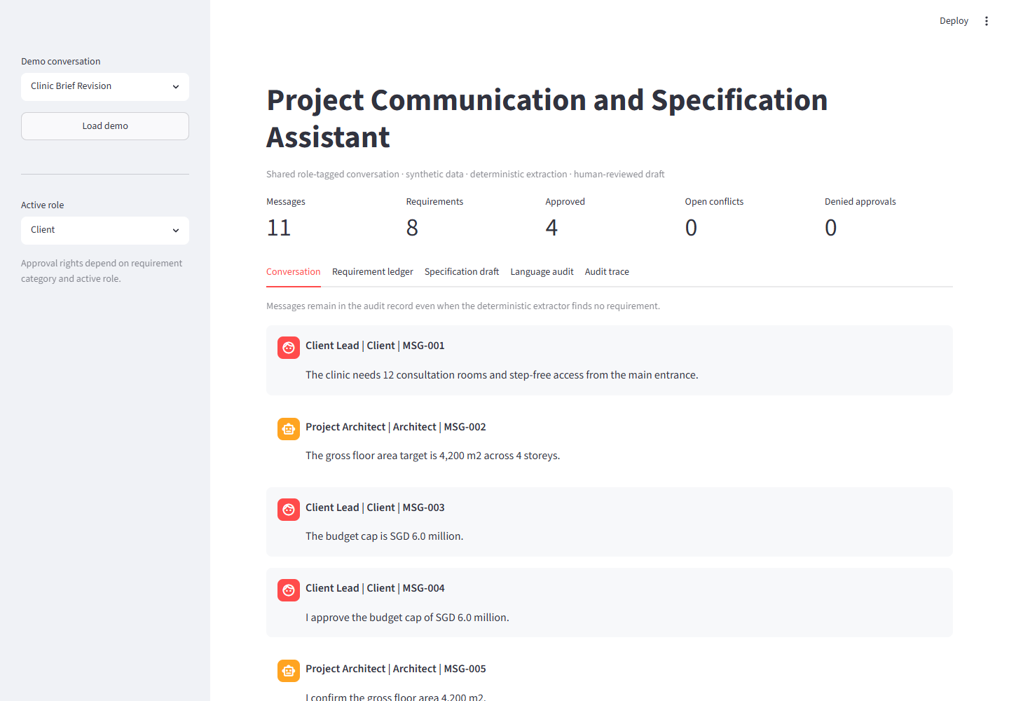 Role-tagged project messages, requirement ledger, and source-linked draft clauses